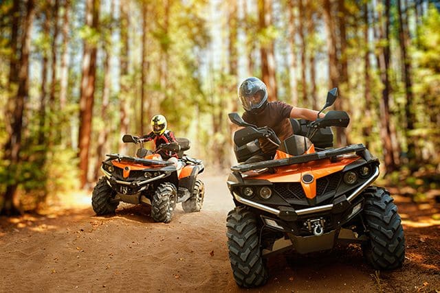 Two people on four wheelers driving through the woods.