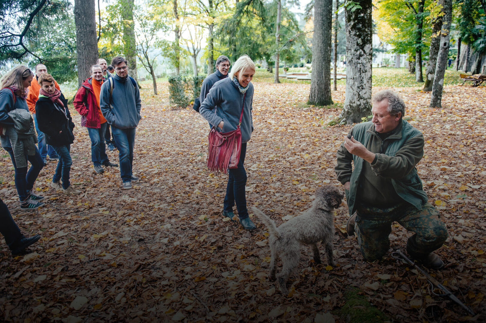 A group of people walking in the woods with a dog.