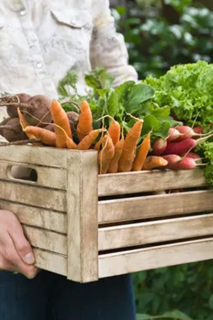 A wooden crate filled with carrots and radishes.