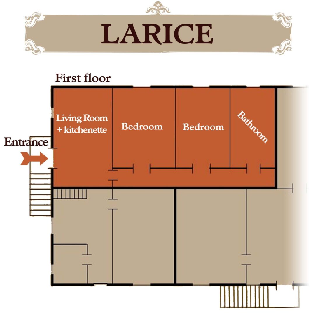 A floor plan of the larice showing the first floor, living room and bedroom.