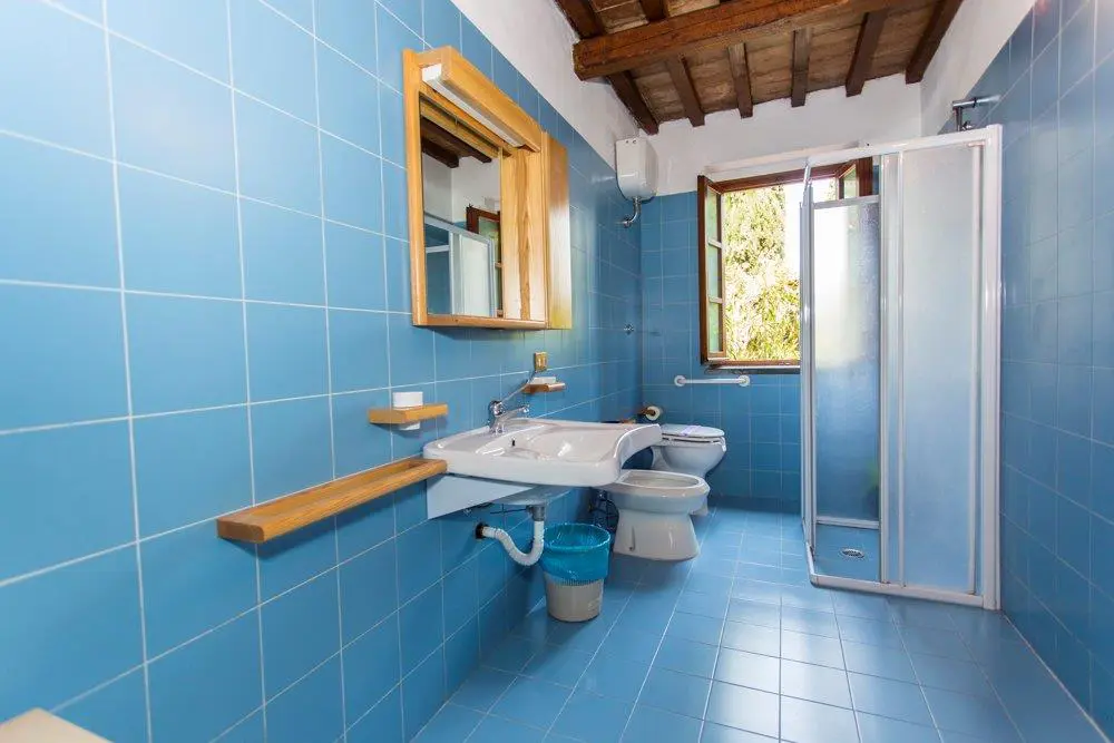 A bathroom with blue tile and white fixtures.