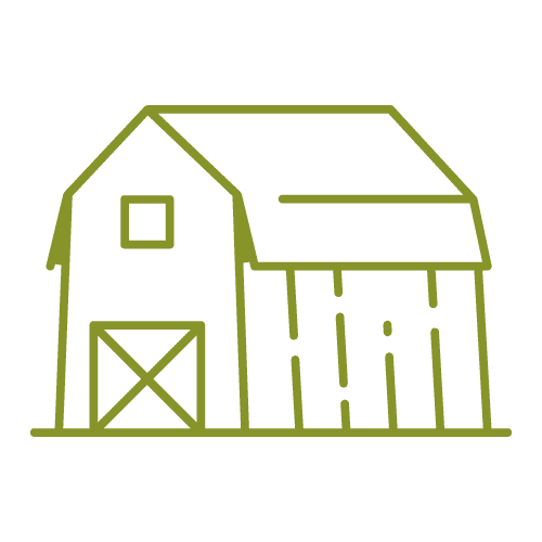 A green barn with a door open and the word " farm " written in it.