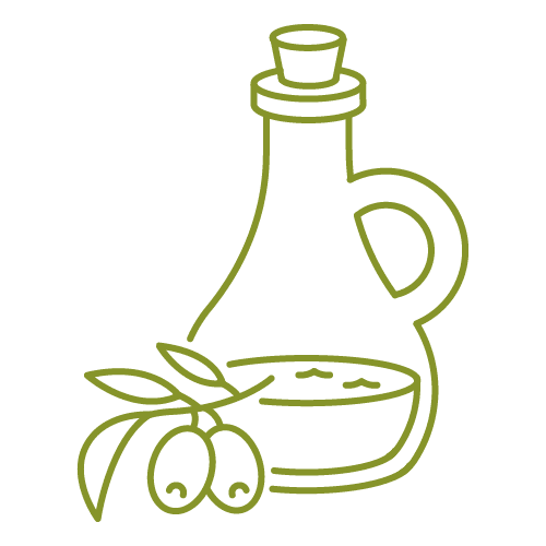 A green drawing of an olive oil bottle and bowl.
