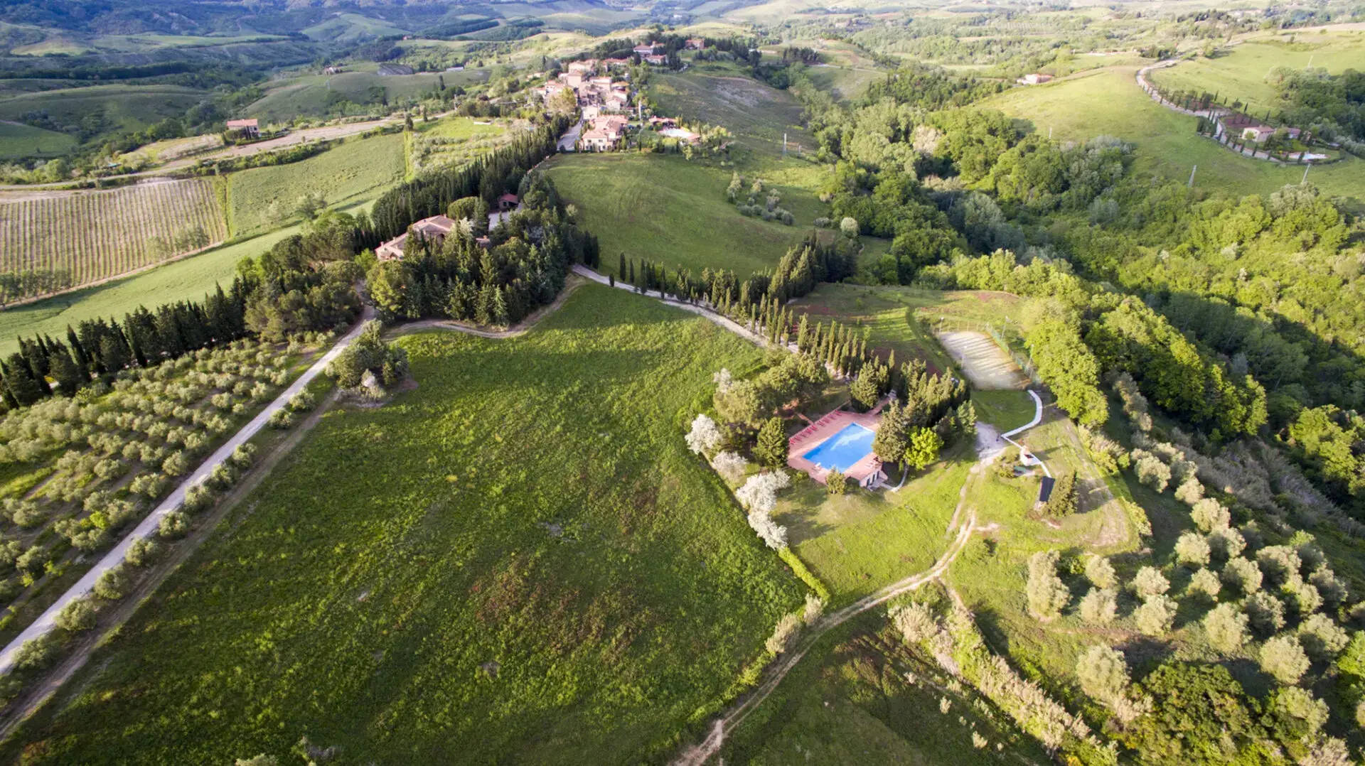 A large green field with trees and a pool.